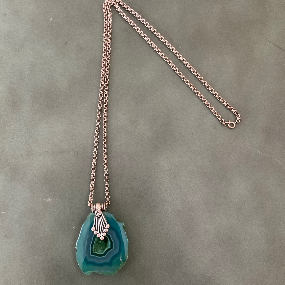 Green stone necklace, silver chain, 14” long, beautiful art.